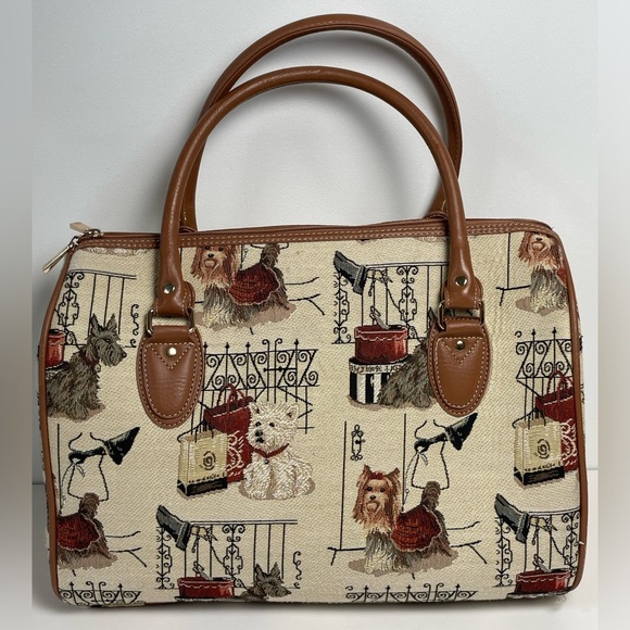 Signare Tapestry Brown Puppies Dog  Tote Hand Bag Large Rare Novelty - Picture 4 of 15